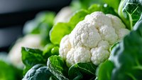 Fresh white cauliflower head with vibrant green leaves in natural light, macro photography showing detailed texture of organic vegetable for healthy eating concept.
