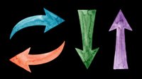 Watercolor arrows pointing in different directions, isolated on transparent background. Set includes curved right arrow, down arrow, and up arrow in blue, orange, green, and purple. Ready for clipart, t-shirt design, stickers, print-on-demand, and sublimation projects.