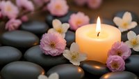 Spa wellness scene with burning candle, hot stones and delicate pink flowers creating peaceful relaxation atmosphere for massage therapy treatments.