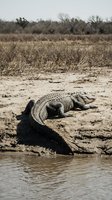 Large crocodile resting on muddy riverbank in natural habitat with dry grassland and water edge for wildlife and nature content.