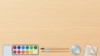 Young artist's workspace with watercolor palette, brushes, and blank sketchbook on beige surface for creative projects and art education.