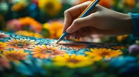 Hand drawing colorful sunflowers with pencil on artistic background with vibrant yellow and orange blooms in soft focus, creating dreamy atmospheric composition.