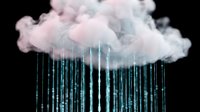 Fluffy pink cloud with digital rain drops falling against black background creating surreal weather concept for technology and data visualization projects.
