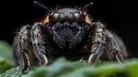 Extreme close-up macro photograph of jumping spider face and front legs showing detailed eye structure, hair texture and predatory features against dark background.
