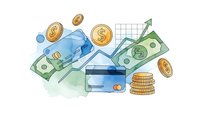 Financial growth concept with credit cards, cash money, coins and rising chart showing economic success and wealth management strategies.