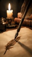 Antique calligraphy pen with feather nib drawing on aged parchment paper beside burning candle, vintage writing and literature concept for creative projects.