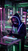 Cyberpunk hacker in neon-lit environment working on futuristic computer with holographic interface displays in dark urban setting with purple and green lighting.