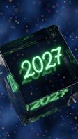 Glowing green neon 2027 numbers on futuristic cube against blue bokeh background for new year celebration and technology concept design.