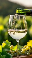 White wine pouring from green bottle into glass with fresh grapes on wooden table outdoors for tasting events and vineyard dining experiences.