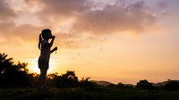 A female hiker with a backpack stands on elevated terrain at sunset, silhouetted against golden and purple skies with birds flying overhead and distant mountains visible.