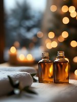 Amber glass essential oil bottles on cozy winter setting with warm bokeh lights and white towel, creating relaxing spa atmosphere for wellness and aromatherapy.