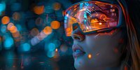 Futuristic female profile wearing high-tech augmented reality glasses with digital interface reflection, neon orange and blue cyberpunk lighting perfect for technology and innovation concepts.