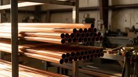 Stack of shiny copper pipes organized on metal shelving in industrial warehouse or manufacturing facility for plumbing and construction projects.