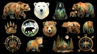 Grizzly bear, polar bear, black bear, and brown bear illustrations isolated on transparent background, ready for t-shirt design, clipart, stickers, sublimation, and print-on-demand products.