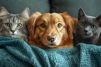 Mixed-breed golden dog with two cats lying together on turquoise blanket, close-up portrait showing friendship between pets, domestic animals resting at home.