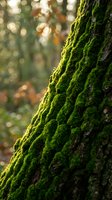 Vibrant green moss covering tree bark in sunlit forest with warm bokeh background creating peaceful natural atmosphere for environmental concepts.