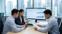 Professional business team analyzing financial data and charts in modern office meeting room with city skyline view for corporate strategy planning.
