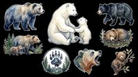 Isolated bear illustrations including grizzly, polar, and black bears with cubs, paw prints, and forest elements on transparent background. Ready for t-shirt design, clipart, stickers, print-on-demand products, and sublimation projects.