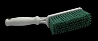 Scrub brush with green bristles and gray handle, isolated on transparent background. Great for cleaning clipart, household tool stickers, print on demand, and T-shirt design use.