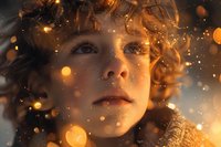 Young Caucasian boy with curly hair and freckles gazing upward, surrounded by golden bokeh lights and snowflakes creating a magical winter atmosphere.