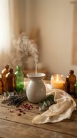 Ceramic oil burner with steam surrounded by essential oil bottles, dried lavender, rose petals and eucalyptus leaves on wooden table for aromatherapy spa treatment.