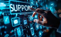 Hand touching digital support interface on virtual screen with glowing blue icons, perfect for customer service, IT solutions and technical assistance concepts.
