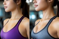 Young Asian woman in sports bras, purple and gray, side-by-side comparison showing athletic wear detail, neck and shoulder profile view for fitness and activewear marketing.