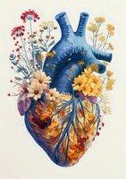 Anatomical heart blooming with wildflowers and vibrant autumn colors, artistically rendered with blue exterior and orange inner glow, decorated with delicate floral elements.