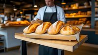Fresh crusty bread loaves displayed on wooden board in bakery with male baker in white uniform and apron working in background. Artisanal baking concept.