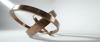 Modern copper metal rings intertwined in elegant sculptural form casting soft shadows on white surface for luxury jewelry design concepts.