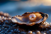 Single pearl in open oyster shell on dark sand with soft bokeh lights and ocean backdrop, luxury jewelry concept macro photography.
