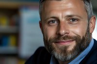 Confident mature Caucasian businessman with gray beard and friendly smile wearing blue blazer in office setting, professional corporate headshot portrait with soft lighting.