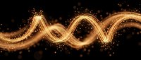 Golden energy wave flowing with sparkling particles and light trails on black background for luxury design projects and digital art compositions.