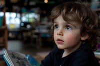 Young boy with curly brown hair and blue eyes reading book in soft natural light, side profile portrait showing curiosity and wonder against blurred background.