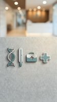Medical icons set with DNA helix, thermometer, first aid kit, and cross mounted on clinic reception wall in teal and silver tones.