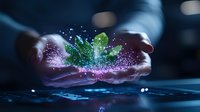 Magical glowing green plant sprouting from cupped hands with sparkles and mystical light effects against dark background, creating ethereal fantasy atmosphere.