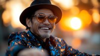 Mature Asian man wearing sunglasses and fedora hat smiling genuinely at sunset, warm golden bokeh background creates joyful atmospheric portrait in blue patterned jacket.