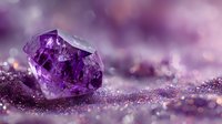 Raw amethyst crystal on purple glittering surface with soft bokeh background, showcasing natural gemstone formation in vibrant violet hues.