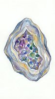 Watercolor painting of an open oyster shell with purple, blue, and gold layered interior, revealing colorful gemstones and crystals. Isolated on white background for design use.