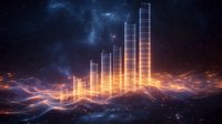 Glowing financial chart bars rise against dramatic cosmic background with electric energy waves, representing growth and market success in futuristic style.