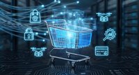 Digital shopping cart with glowing cybersecurity icons and payment symbols floating around it representing secure online commerce and e-commerce technology.