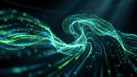 Glowing green digital waves and particles flowing through dark space, representing data streams, technology, and futuristic digital transformation for tech backgrounds.