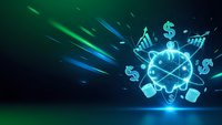 Digital brain with financial symbols and data analytics icons glowing in futuristic neon light effects on dark background for business technology concepts.