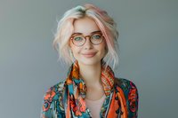 Young woman with pink hair and glasses wearing colorful floral print blouse smiles warmly at camera against neutral background. Modern fashion portrait.