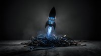 Rocket launching from tangled cables and wires against dark background, symbolizing innovation, technology startup, business growth, and overcoming obstacles in digital transformation.