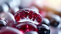 Macro shot of red translucent spheres arranged in curved glass or plastic container, creating abstract artistic composition with light reflections and depth of field blur.