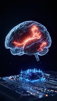 Glowing wireframe brain model floating above microchip with neural network connections highlighted in red and blue on dark background. Artificial intelligence concept.