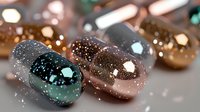 Colorful pharmaceutical capsules with glittery coating in macro view, showcasing modern medicine design for healthcare industry.