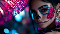 Young Hispanic woman with sugar skull makeup featuring pink roses and blue details in neon lighting, celebrating Day of the Dead with dramatic face art and jewelry.