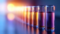 Glass test tubes with colorful liquid samples in laboratory setting against blurred background with orange and blue bokeh lighting effects.